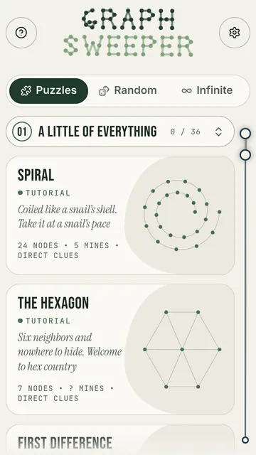The puzzle list opening on its first chapter, A Little of Everything, with previews of its first boards.