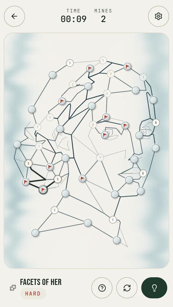 A puzzle shaped like a woman's face, drawn in dots and lines, with numbers on some dots and red flags marking mines.